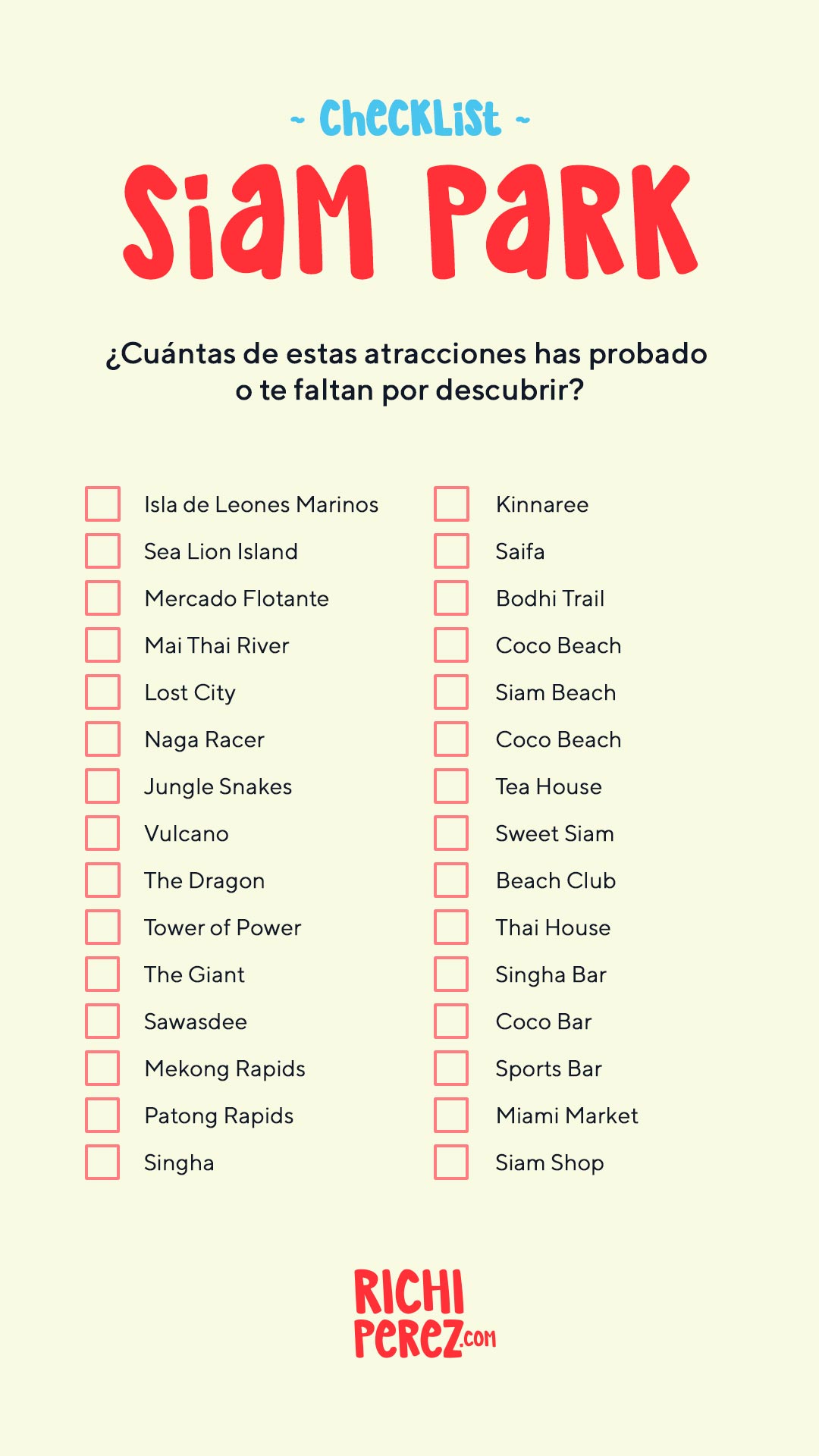 Checklist Siam Park Richi Pérez